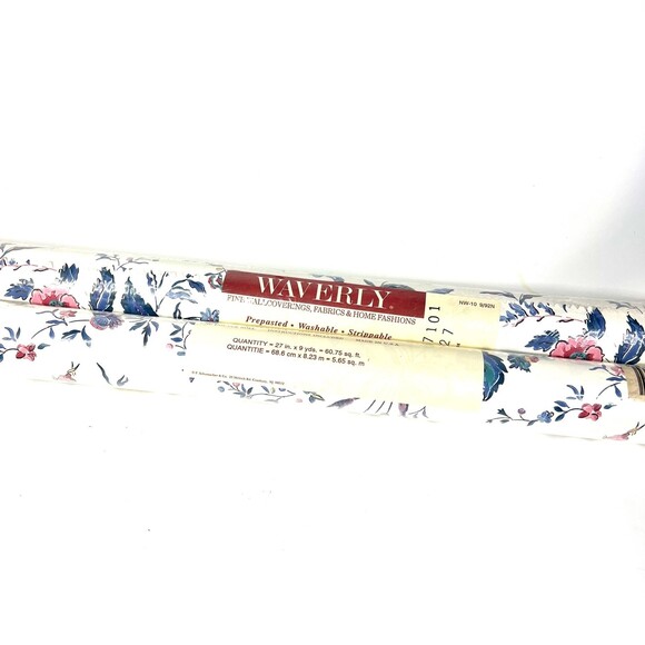 2 x Vintage Waverly Wallpaper Pre-Pasted Floral 557101 Retired Boho Cream Blue R - Picture 2 of 6